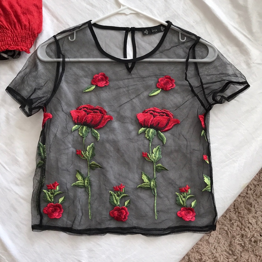 black net top w/ red roses
